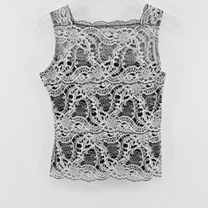 Vtg Y2k Kay Celine Lace Tank Top Womens Sz M Silver Black Floral Scalloped Shell